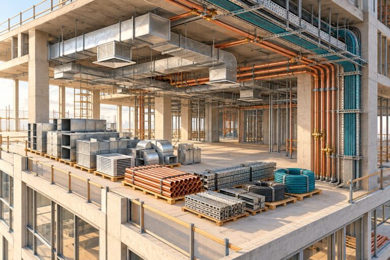 MEP ductwork, pipes and cable trays with staged materials at a building site