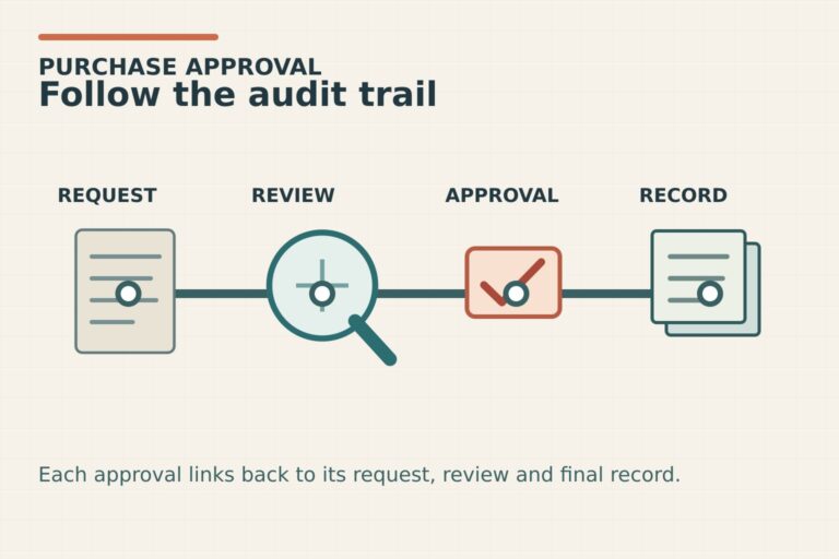 Purchase approval audit trail linking request, review, approval and record