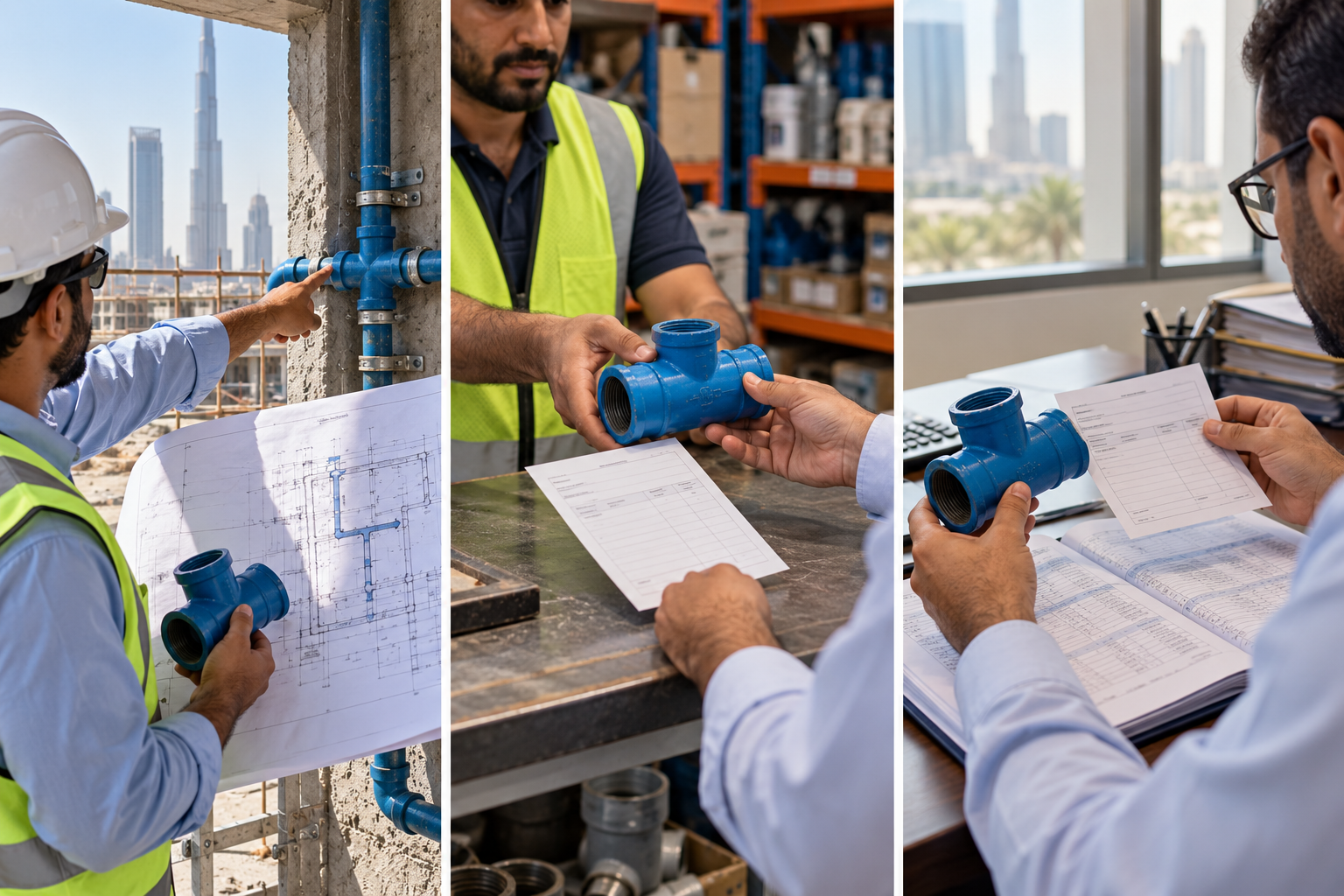 Project pipe fitting checked on a site plan, handed out from stores, and reviewed against a cost ledger.