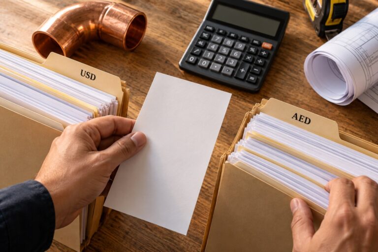 Purchase order currency check comparing USD and AED order folders for UAE contractors