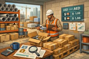 Site storekeeper checking delivered materials against a request — Purchase Order Currency Checks for UAE Contractors