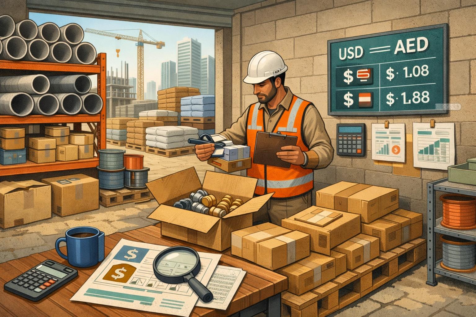 Site storekeeper checking delivered materials against a request — Purchase Order Currency Checks for UAE Contractors