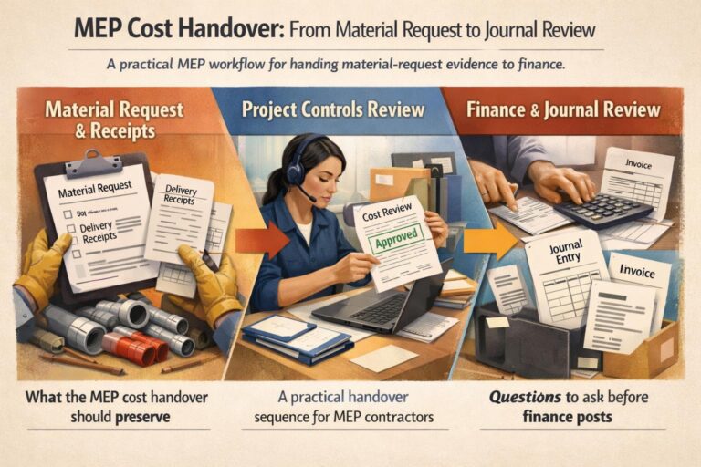 Visual explanation of MEP Cost Handover: From Material Request to Journal Review