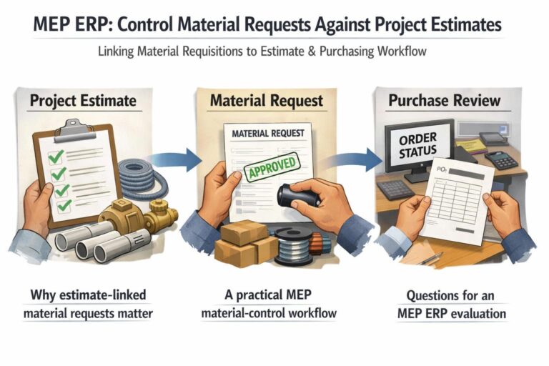 Visual explanation of MEP ERP: Control Material Requests Against Project Estimates