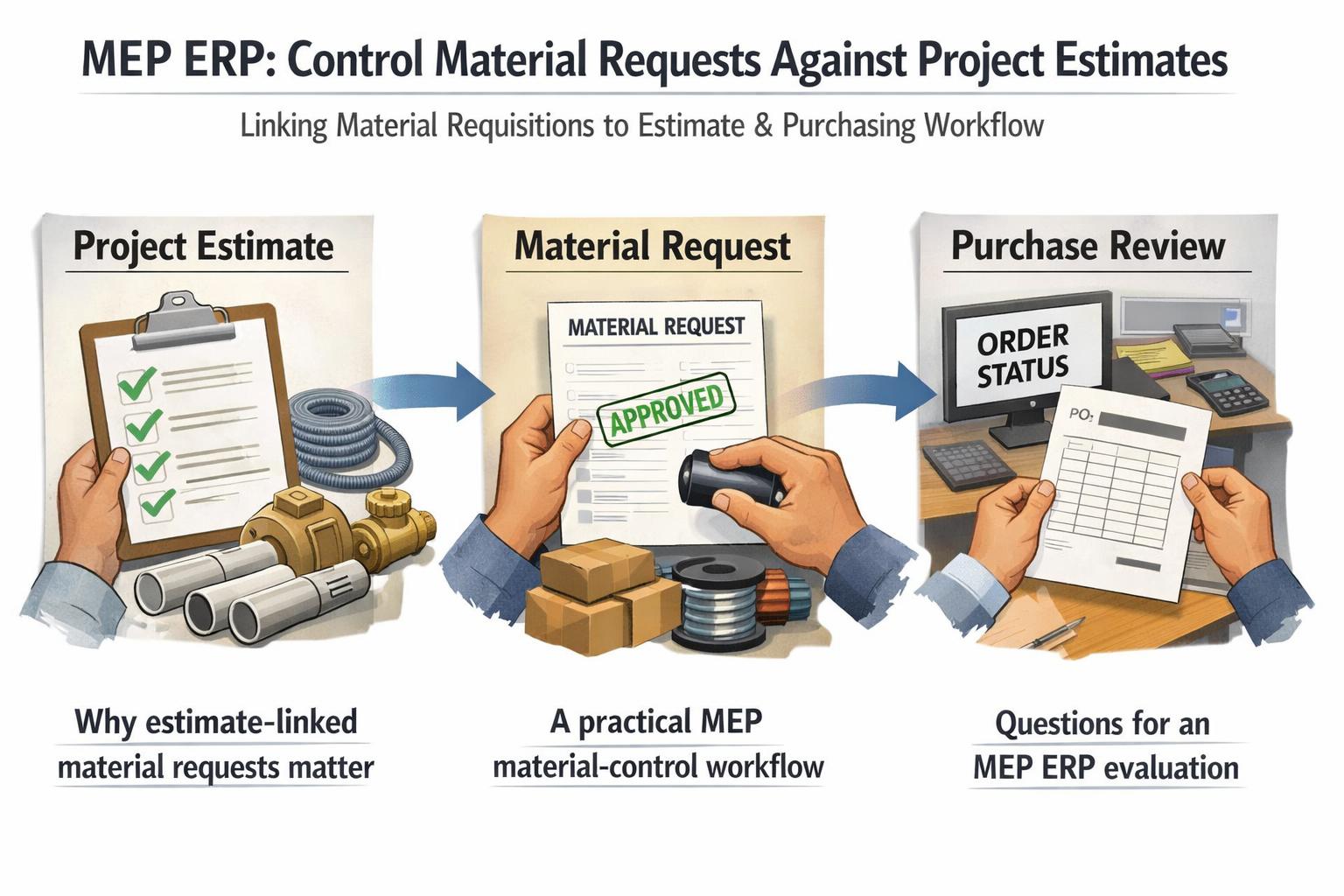Visual explanation of MEP ERP: Control Material Requests Against Project Estimates
